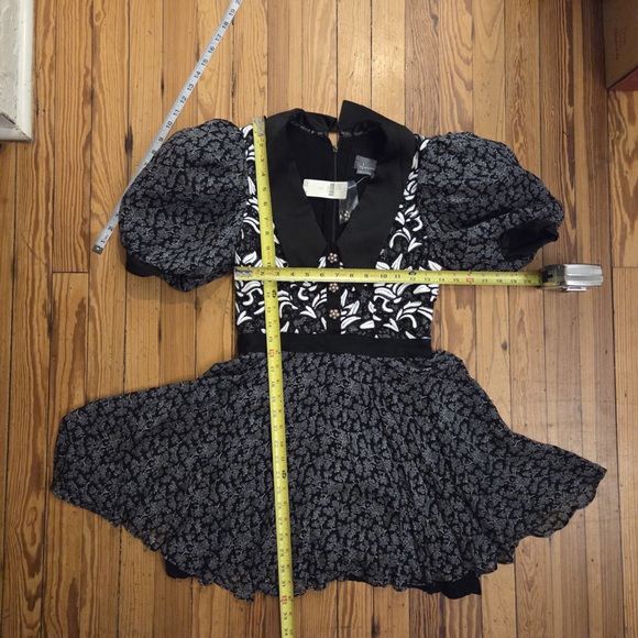 Anthropologie Black White Floral print Puff Sleeve Collared Button Short Dress - Picture 4 of 5